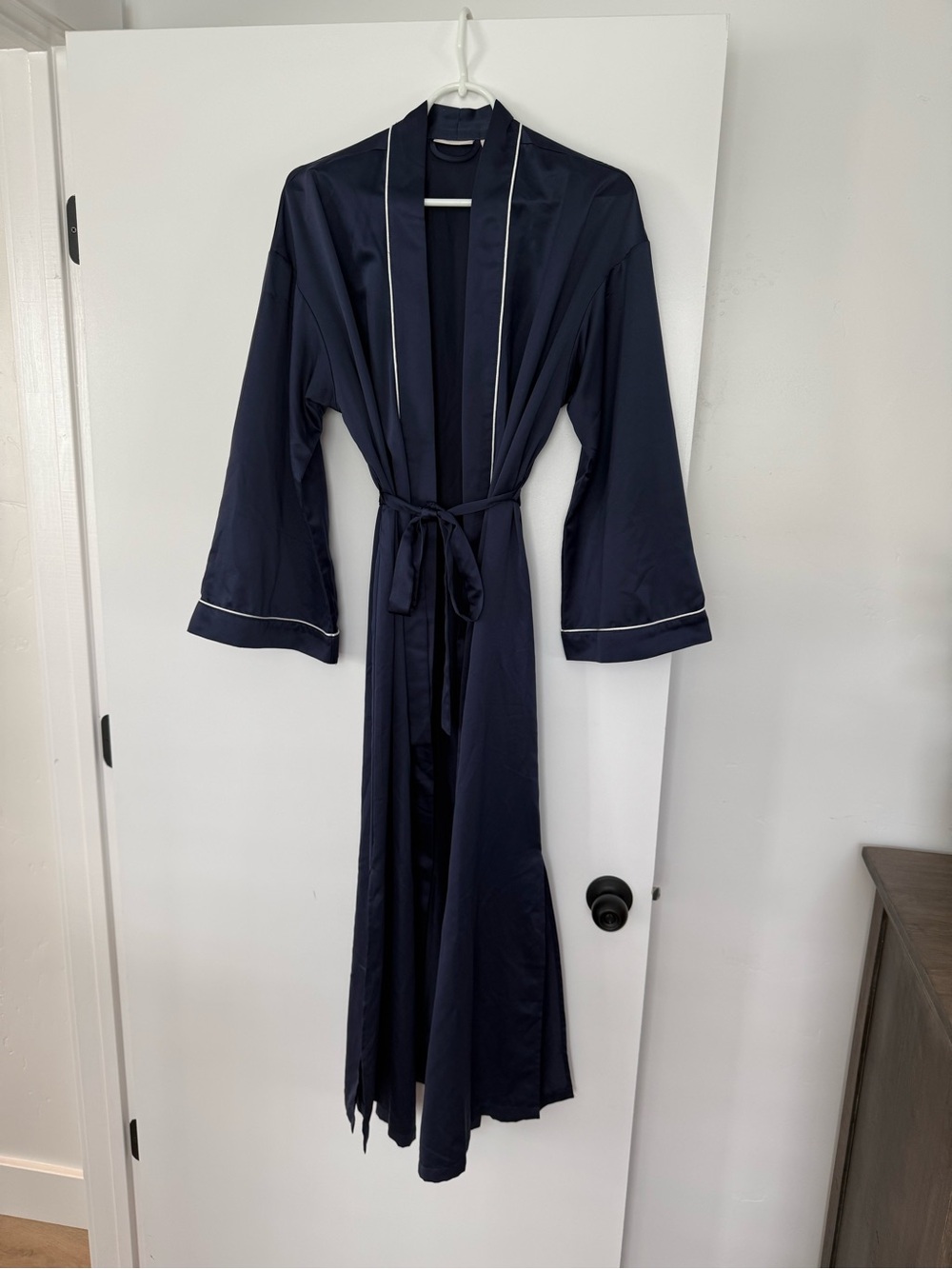 Nordstrom Navy Satin Long Robe with White Piping